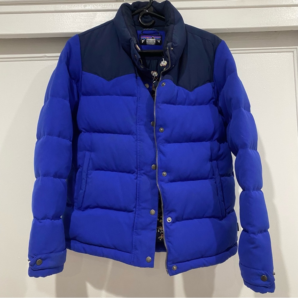 Patagonia Jacket Womens M Royal Blue Goose Down Puffer Full Zip Quilted Coat